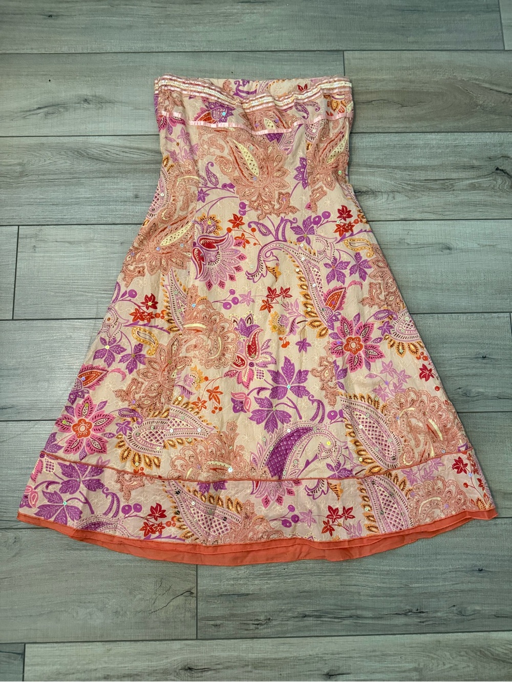 Vintage Y2K Express Pink & Orange Paisley & Floral Print Sequin Strapless Dress